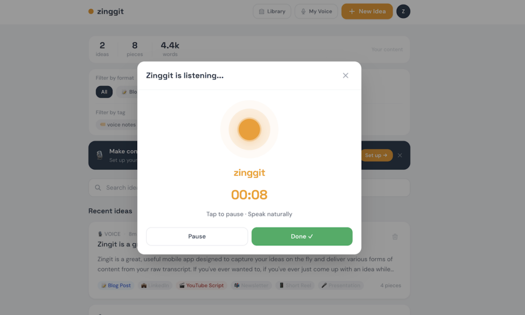 using Zinggit for voice to text content creation