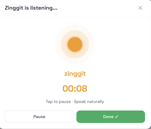 Zinggit recording interface — Zinggit is listening