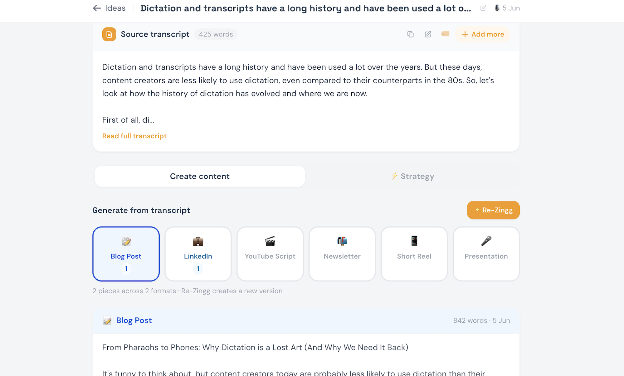 Zinggit idea view — transcript, format buttons and Re-Zingg