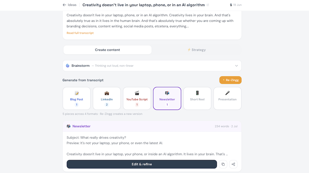 Zinggit content output formats